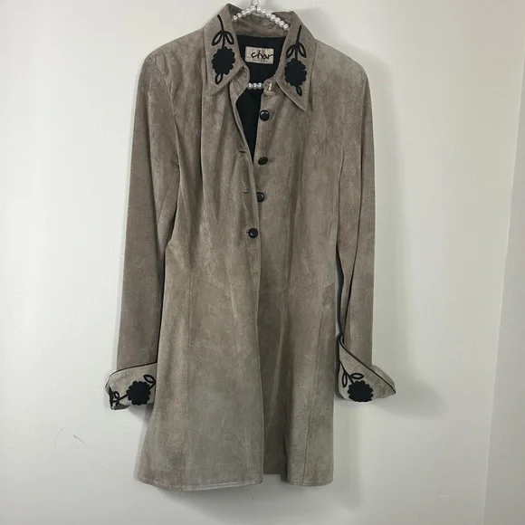 Char Santa Fe Vintage Taupe Tan & Black Long Suede Embroidered Button Up Coat 8 - Picture 1 of 7